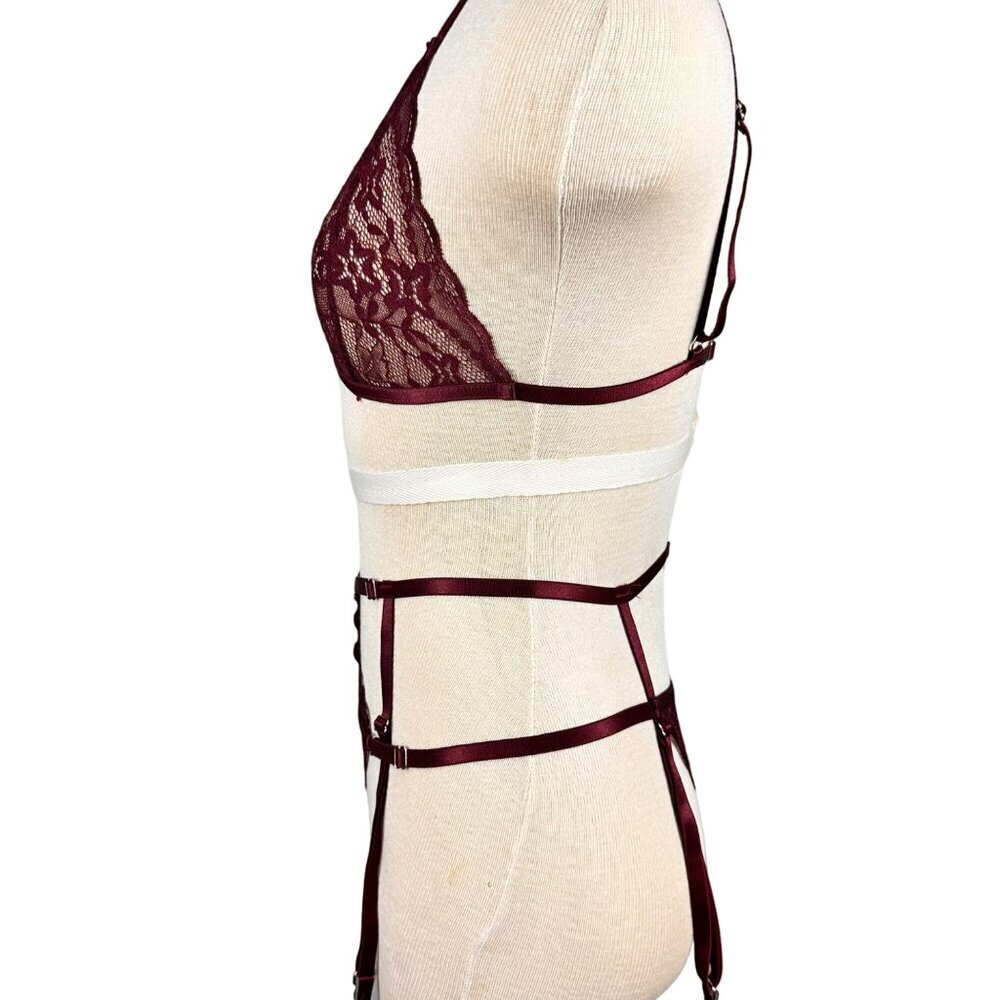 Oh La La Cherri Sexy Burgundy Lace Bralette,Panty & Garter Belt 3 Piece Lingerie - Picture 7 of 13